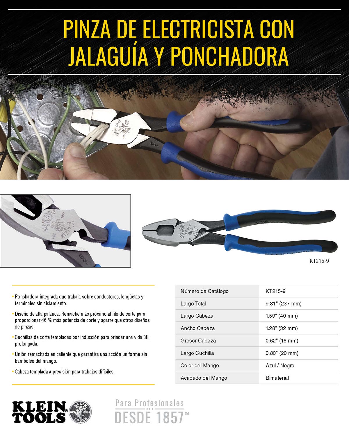 Pinza de Electricista con Jalaguía y Ponchadora Klein Tools